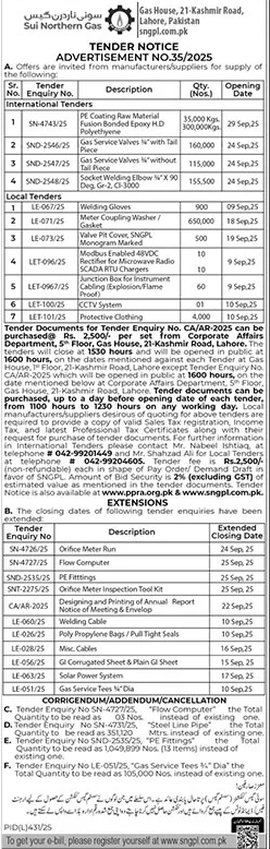 Sui Northern Gas Company Limited Lahore Tender Notice